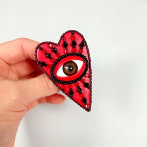 Evil eye heart brooch. Red black heart brooch. Brown eye brooch.