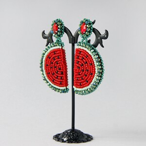 Watermelon earrings. Fruit beaded earrings. Bright red-green earrings. image 7