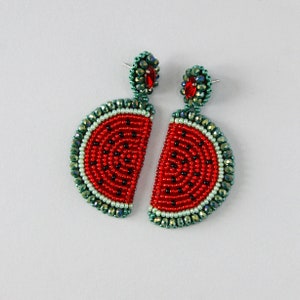 Watermelon earrings. Fruit beaded earrings. Bright red-green earrings. image 5