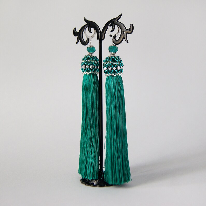 Green silk tassel earrings. Long statement tassel earrings. Etsy
