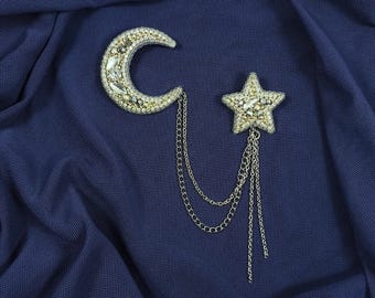 Silver Moon and Star Brooch Set: Beaded Celestial Brooch with Chains