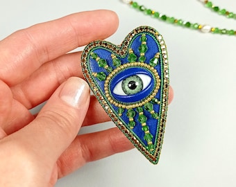 Beaded Evil Eye Blue Heart Brooch: Faux Leather Pin with Green Details
