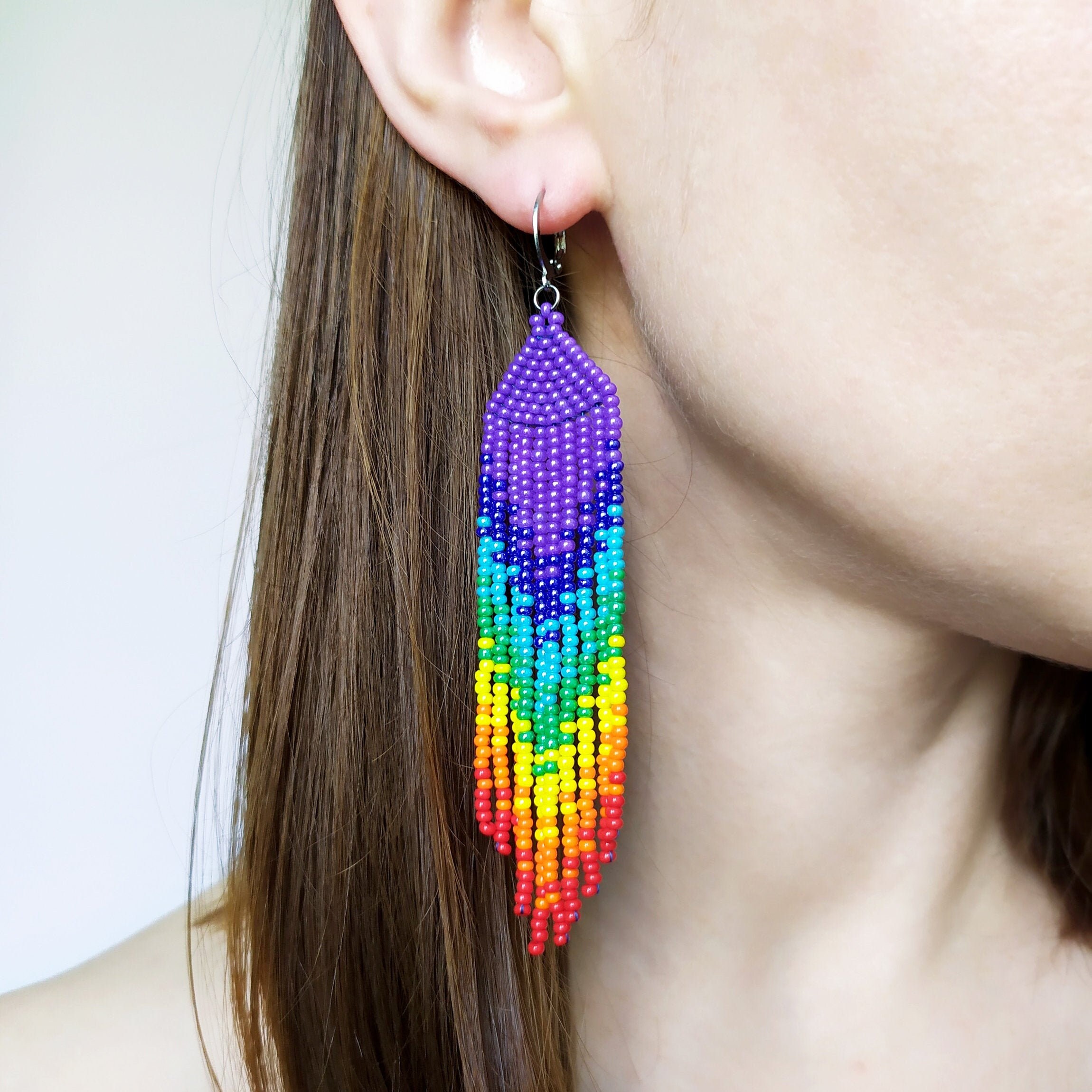 Bright rainbow earrings. Long beaded fringe earrings. Etsy