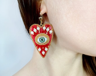 Red Heart Evil Eye Earrings