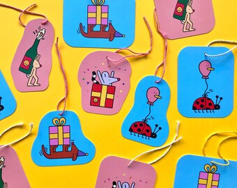 Gift Tags Set Of 4 With Strings | Illustration | Animals | Birthday | Party | Cards | Wrapping | Gifts | Labels | Accesoires | Paper Tags