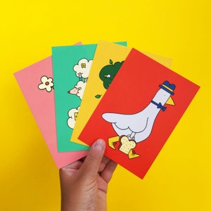 Illustrierte A6 Größe Postkarten 4er Set | Ich wünsche Grußkarten | Minidruck | Lustige Tiere | Feier | Kinderzimmer | Taube | Schaf