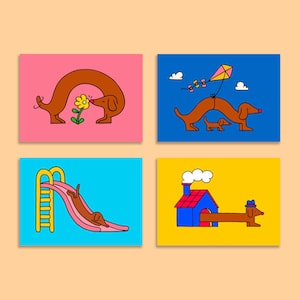 Illustrated A6 Size Postcards Set Of 4 | Wishing Greeting Cards | Mini Print | Funny Animals | Dachshund | Sausage Dog | Wienerdog Kids Room
