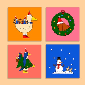 Set van 4 Kerstkaarten Met Enveloppen | Illustratie | Kaartenset | Dieren | Xmas | Winter | Kerst | Winter | Kerstmis | Ansichtkaarten