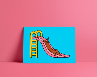 Dog On Slide Mini Print A5 | Mini Poster | Art Print | Illustration Card | Abstract | Graphic | Space | Kids Room | Dachshund | Wienerdog