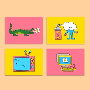 Cartes postales illustrées A6, lot de 4 | Illustration | Cartes | Cartes de voeux | Drôle | Jeu de cartes heureux et triste | Crocodile | Spray heureux