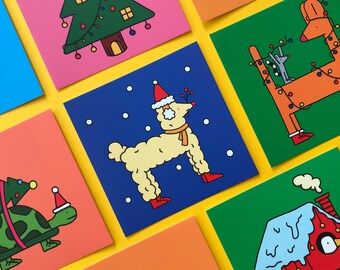 Set of 8 Illustrated Christmas Postcards Pack + Enveloppes | Festive Illustration Whishing Season Greeting Card Set Animals Christmas Tree