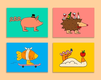 Geïllustreerde Dieren Vrienden Ansichtkaarten set A6 | Kinder kamer Wenskaarten