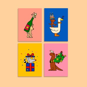 Set di 4 cartoline illustrate formato A6 / Biglietti di auguri / Mini stampe / Animali divertenti / Compleanno / Festa / Celebrazione / Cameretta per bambini