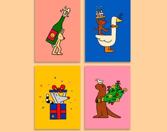 Cartes postales illustrées A6, lot de 4 | Souhaitant des cartes de voeux | Mini impression | Animaux rigolos | Anniversaire | Fête | Célébration | Chambre d'enfants