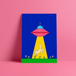 Mini impression OVNI A5 | Mini poster | Impression artistique | d'illustrations | Résumé | Graphique | Espace | Chambre d'enfants | Labradoodle | Chien | extraterrestre | Bleu