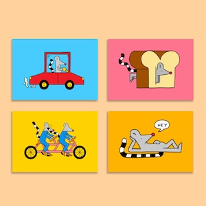 Cartes postales illustrées A6 Ratpack, lot de 6 | Souhaitant des cartes de voeux | Mini impression | Animaux rigolos | Rat | Souris | Chambre d'enfants