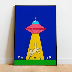 Illustrated UFO Print A3 | Poster | Art Print | Illustration | Abstract Print | Graphic | Animals | Kids Room | Labradoodle | Alien | Dog
