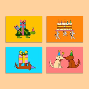 Illustrated A6 Size Postcards Set Of 4 | Wishing Greeting Cards | Mini Print | Funny Animals | Birthday | Party | Celebration | Kids Room