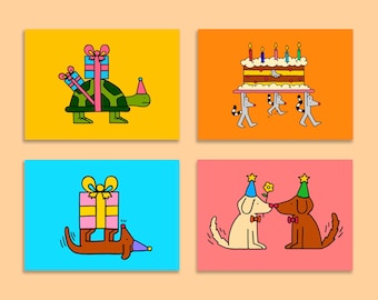 Cartes postales illustrées A6, lot de 4 | Souhaitant des cartes de voeux | Mini impression | Animaux rigolos | Anniversaire | Fête | Célébration | Chambre d'enfants