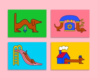 Illustrated A6 Size Postcards Set of 4 | Wish Greeting Cards | Mini prints | Animals | Sausage Dog | Dachshund Dog | Kids room