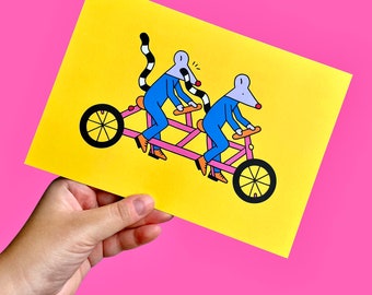 Rats On Tandem Mini Print A5 | Mini Poster | Art Print | Illustration Card | Abstract | Graphic | Kids Room | Yellow | Bike | Cycling