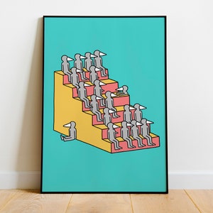 Dudes On Stairs Illustrated A3 print Illustration Poster Abstract Graphic Art Print image 1