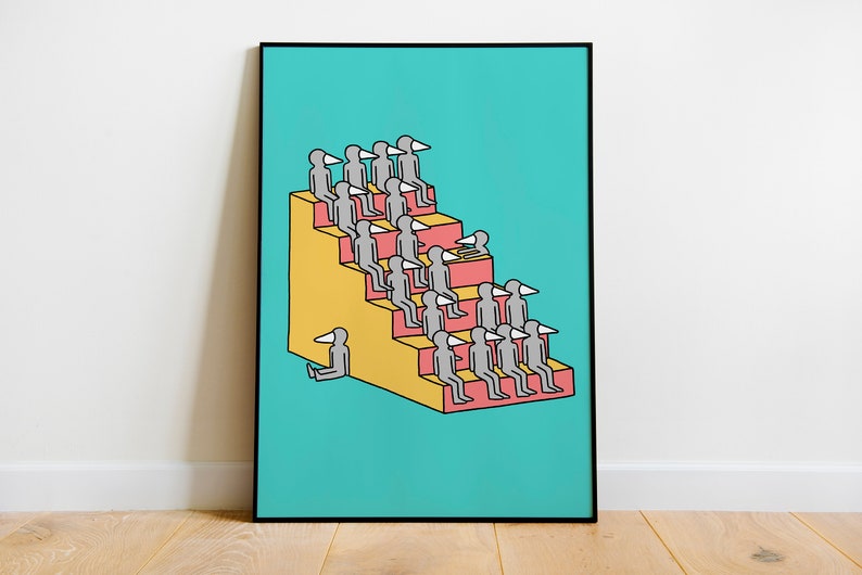 Dudes On Stairs Illustrated A3 print Illustration Poster Abstract Graphic Art Print image 1