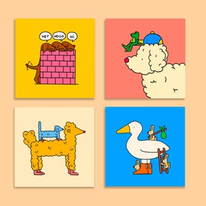 Illustrated Square Postcard Set of 4 | Whishing Greeting Cards | Mini Print | Animals | Dog | Bunny | Kids room | Set of Cards | Duck | Cute