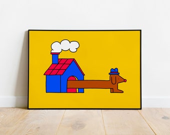 Teckel Geïllustreerde A3 Print | Poster | Art Print | illustratie | Abstracte Print | Grafisch | Dieren | Kinderkamer | Hond | Geel