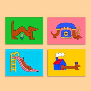 Cartes postales illustrées A6, lot de 4 | Souhaitant des cartes de voeux | Mini impression | Animaux rigolos | Teckel | Chien saucisse | Chambre d'enfants Wienerdog