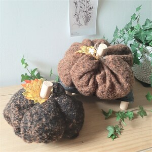 May include: Two handmade fabric pumpkins in shades of brown and black, with cork stems and decorative leaves. One pumpkin is on a small, dark gray platform. The pumpkins are set on a wooden surface, with greenery in the background.