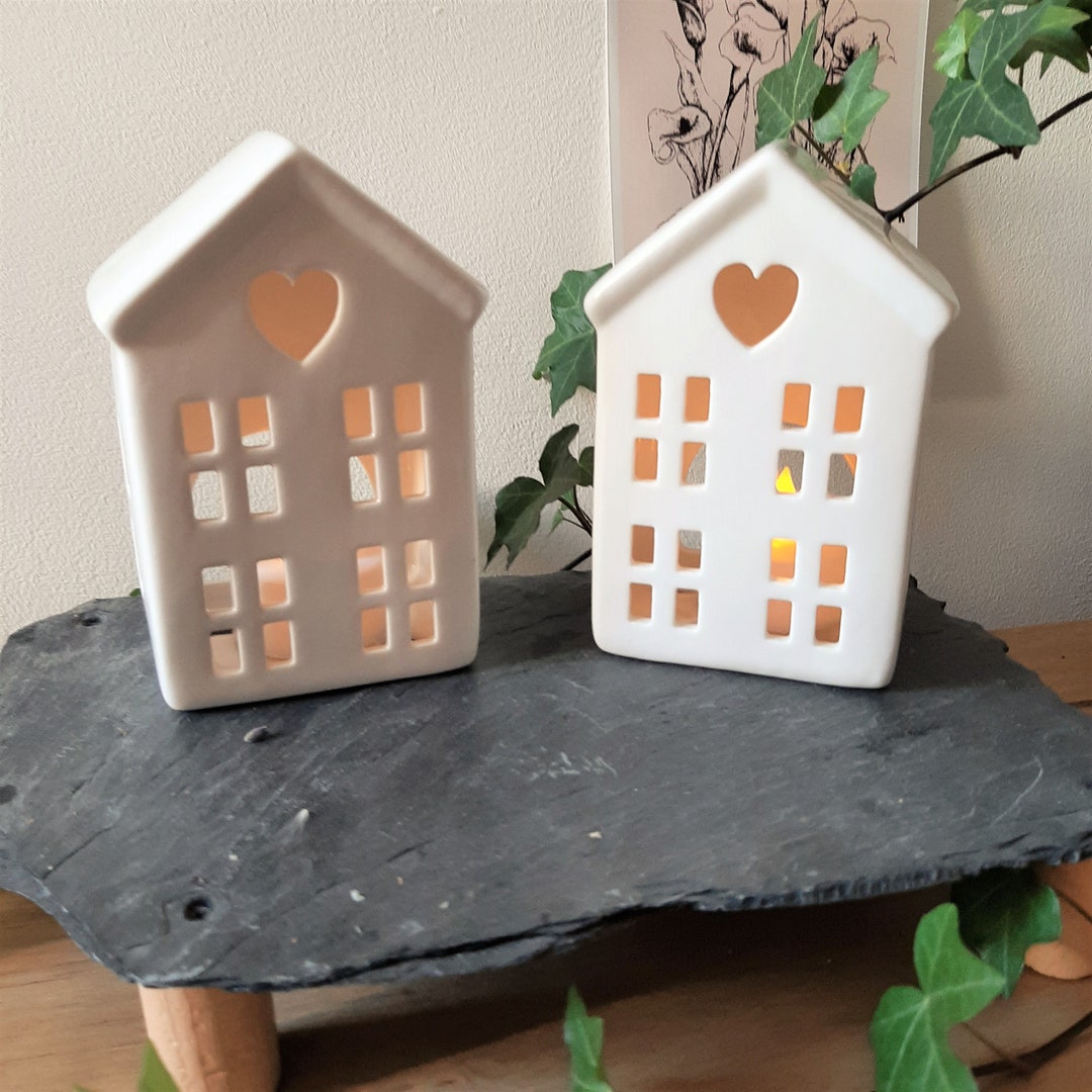 White Ceramic House Tealight Holder Cut Out Windows and Etsy