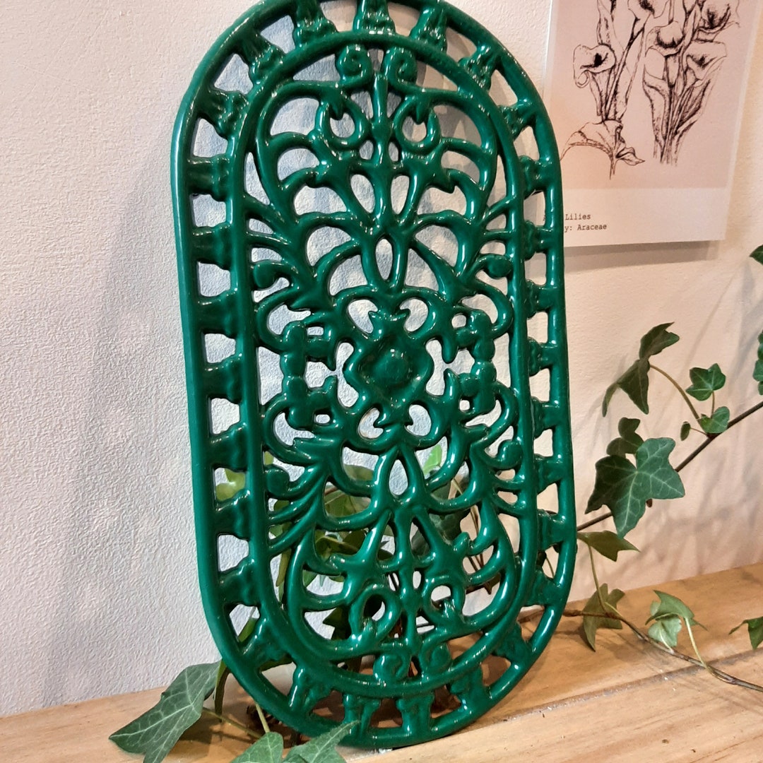 Vintage Wraught Iron, Cast Iron Oval Trivets With Green Enamel Finish