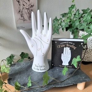 Mano di chiromanzia, ornamento in ceramica bianca per la mano, guida alla lettura della mano, regalo di stregoneria, regalo Wicca, regalo di predizione del futuro, Halloween, autunno, decorazione