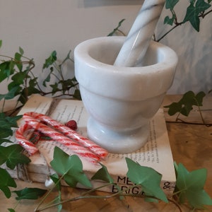May include: A white marble mortar and pestle set with a striped pestle. Two red and white candy canes rest on a stack of vintage books. Green ivy and the words "ME. BRIG" are also visible.