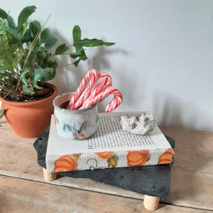 May include: A small ceramic pot with blue and orange floral designs holds several red and white striped candy canes. The pot sits on a stack of books and a black slate tray with wooden feet. A potted plant is in the background.