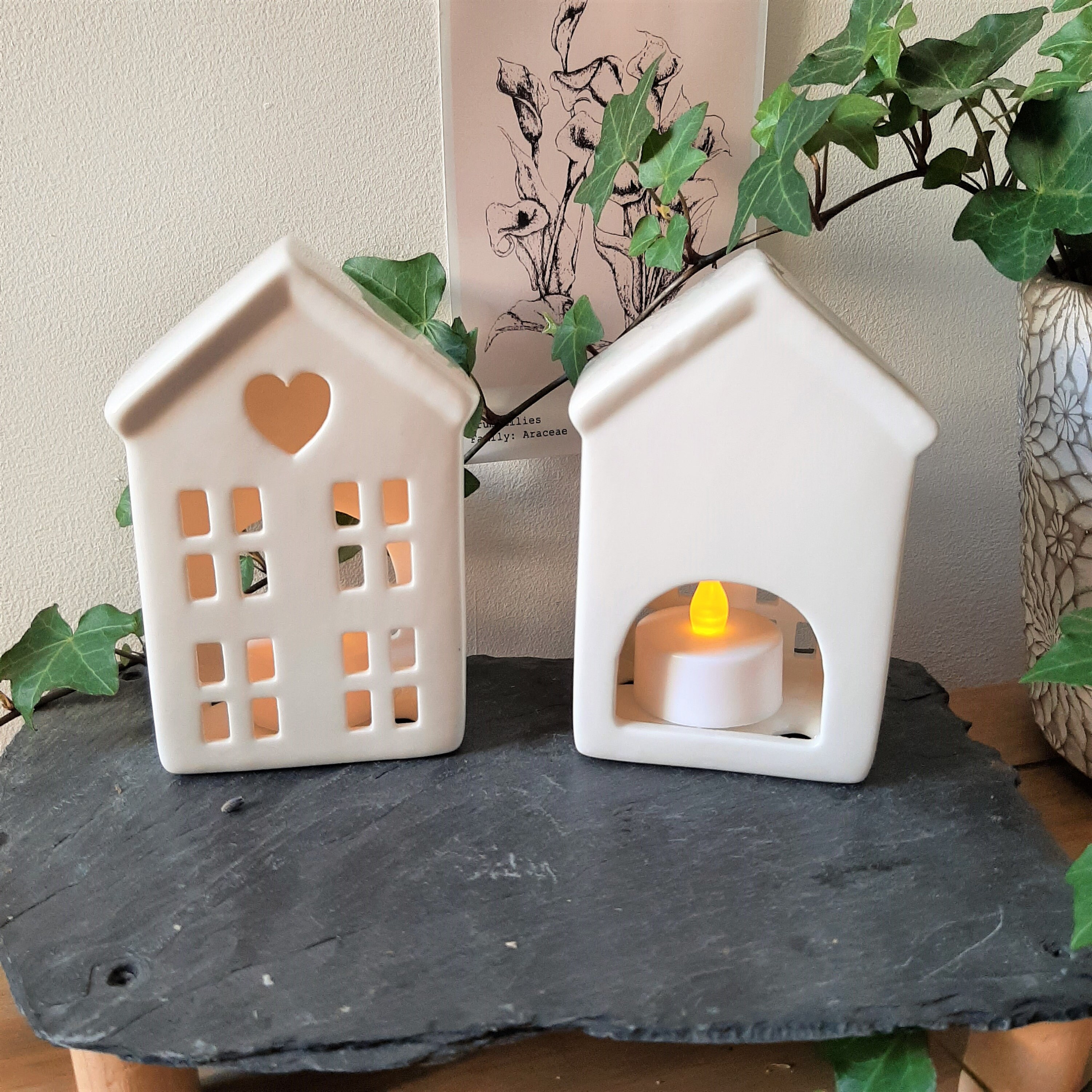 White Ceramic House Tealight Holder Cut Out Windows and Etsy