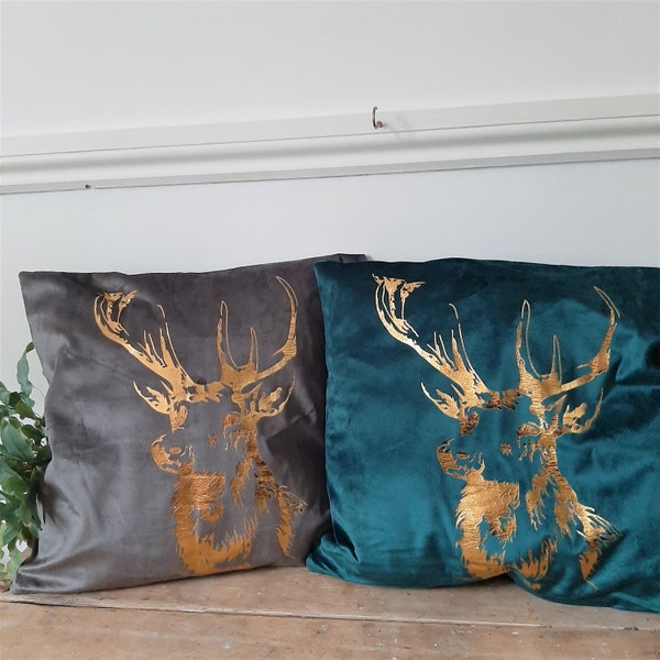 Luxury Stag Head Pillow, Christmas Cushion, Plush Velvet, Gold Deer, Reindeer Pillowcase, Royal Blue and Grey,  Cushion Cover, Throw Pillow