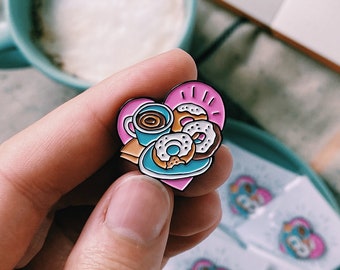 Coffee and Donuts enamel pin, doughnut, donut pin, lapel pin, pin badge, kawaii donut pin, cute donut pin, pink sprinkle donut, food pin