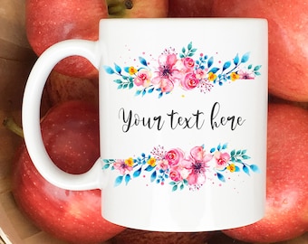 Personalized Name Coffee Mug, Floral Calligraphy Design, Custom Ceramic Mug