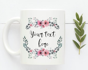 Personalized Floral Ceramic Coffee Mug, Custom Name Gift