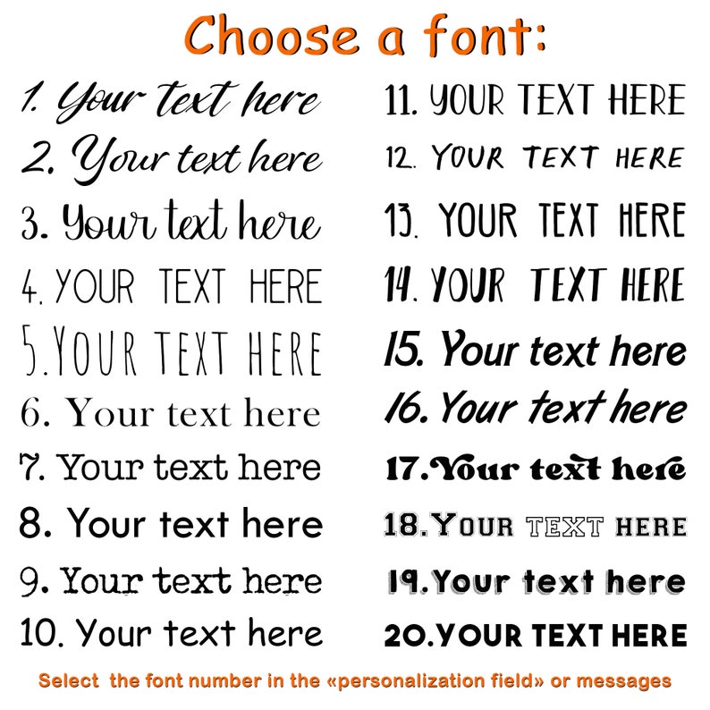 Puede incluir: Un gr&aacute;fico que muestra 20 estilos de fuente diferentes para texto. El texto en cada estilo de fuente dice "Your text here" o "YOUR TEXT HERE".