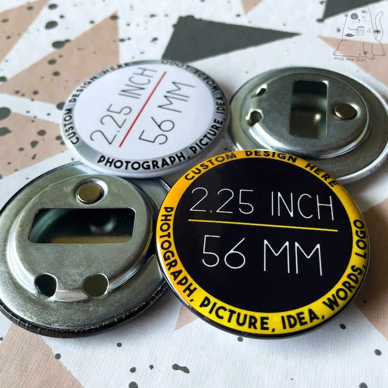 May include: Three 2.25 inch round button badges with a black and yellow design. The text on the badges reads "Custom Design Here 2.25 Inch 56 MM Photograph, Picture, Idea, Words, Logo".
