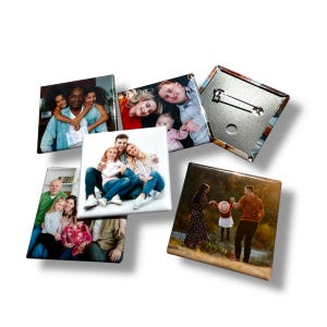 May include: A selection of square photo badges with family portraits. The badges show various family groups in colour, with one badge displaying the pin back. The photos capture candid moments.