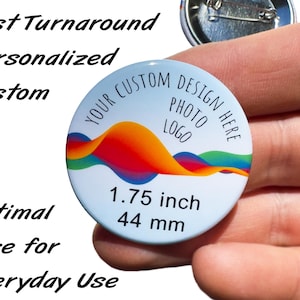 Personalized Medium-Sized Pinback Button, Custom Photo, Logo or Text Badge, Event Name Tag, Promo Gift, Party Favor, Fast Turnaround