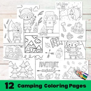 Afdrukbare camping kleurplaten kinderen, campingfeest kleurplaat activiteit, campingactiviteiten kleurplaten kinderen, camping printables afbeelding 1