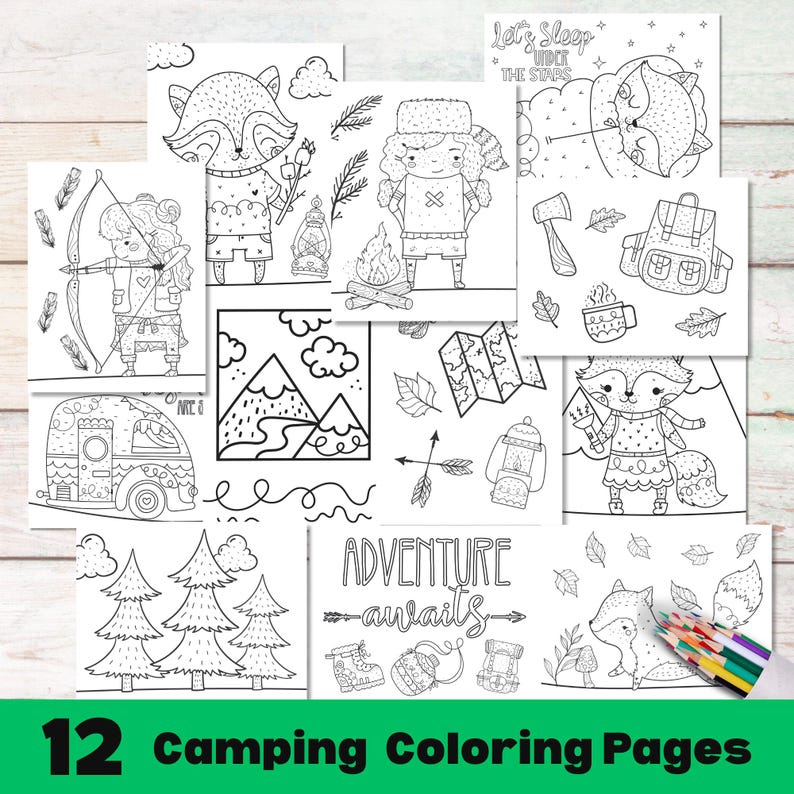 Afdrukbare camping kleurplaten kinderen, campingfeest kleurplaat activiteit, campingactiviteiten kleurplaten kinderen, camping printables afbeelding 1
