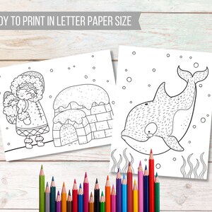 May include: Two black and white coloring pages. The first page features a girl in a winter coat standing next to an igloo. The second page features a whale swimming in the ocean.