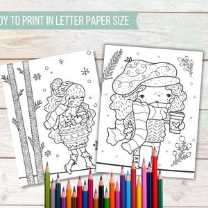 May include: Two black and white coloring pages featuring winter-themed illustrations of girls in winter attire, with snowflakes and trees. The text "READY TO PRINT IN LETTER PAPER SIZE" is at the top. A collection of colored pencils is at the bottom.