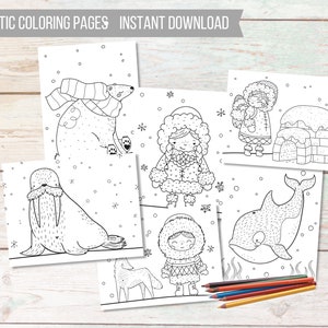 May include: Six black and white coloring pages featuring arctic animals and people. The pages include a polar bear wearing a scarf, a walrus, a girl in a parka, a girl in a snowsuit, a girl in a snowsuit with an igloo, and an orca whale.